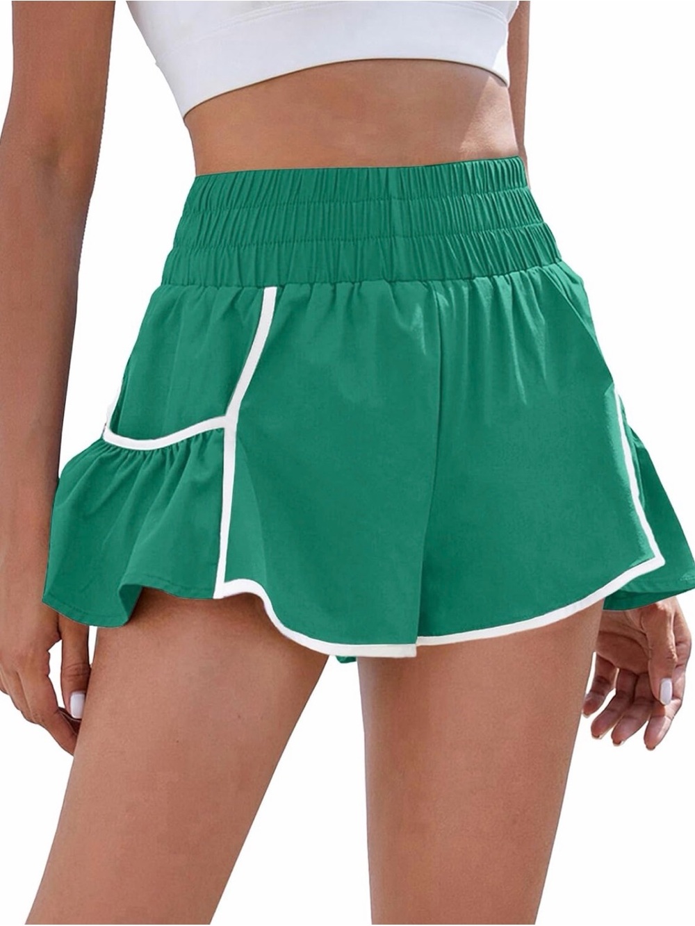 Amazon Green Athletic Ruffle Shorts with White Trim